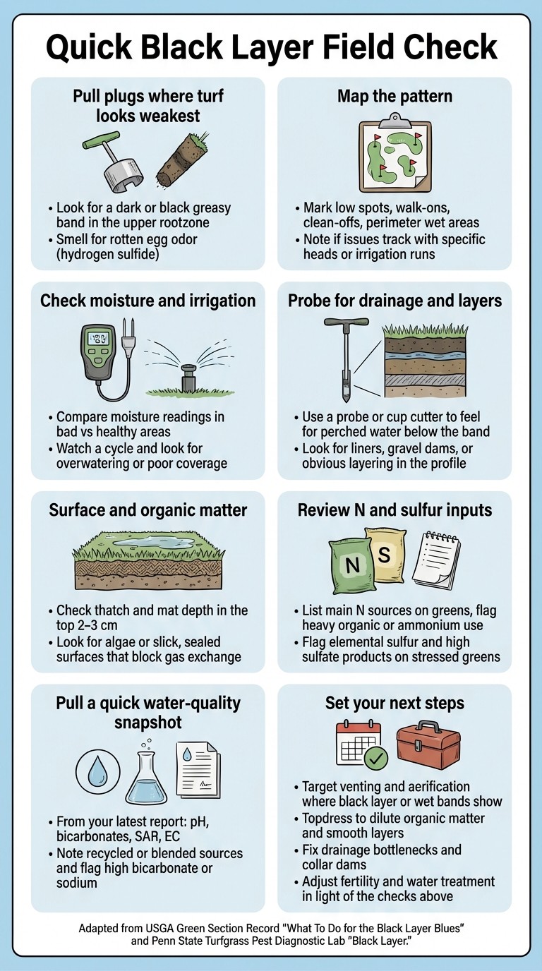 Quick black layer field check for golf greens: pull plugs where turf looks weakest, map the pattern, check moisture and irrigation, probe for drainage and layers, review organic matter, review nitrogen and sulfur inputs, pull a water-quality snapshot, and set next steps